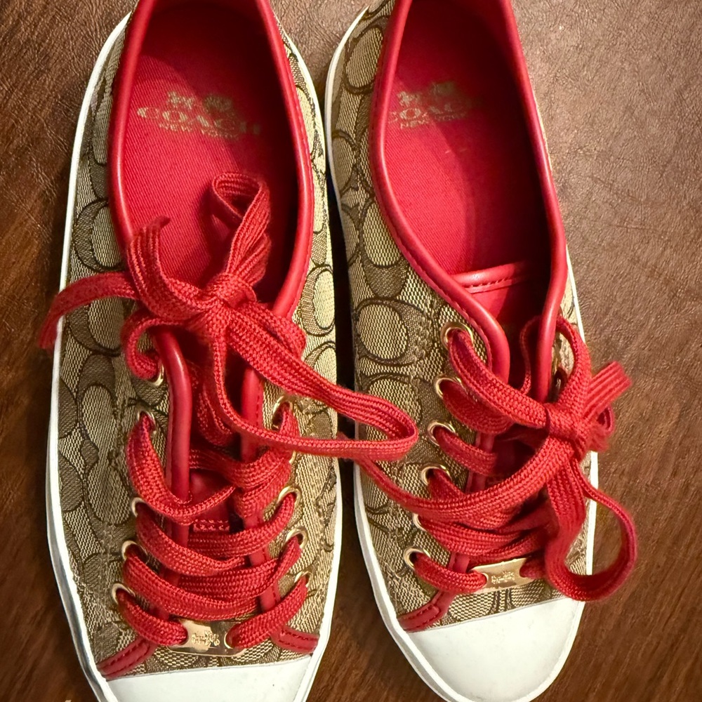 Coach NEW red and tan leather and canvas sneakers! 6.5